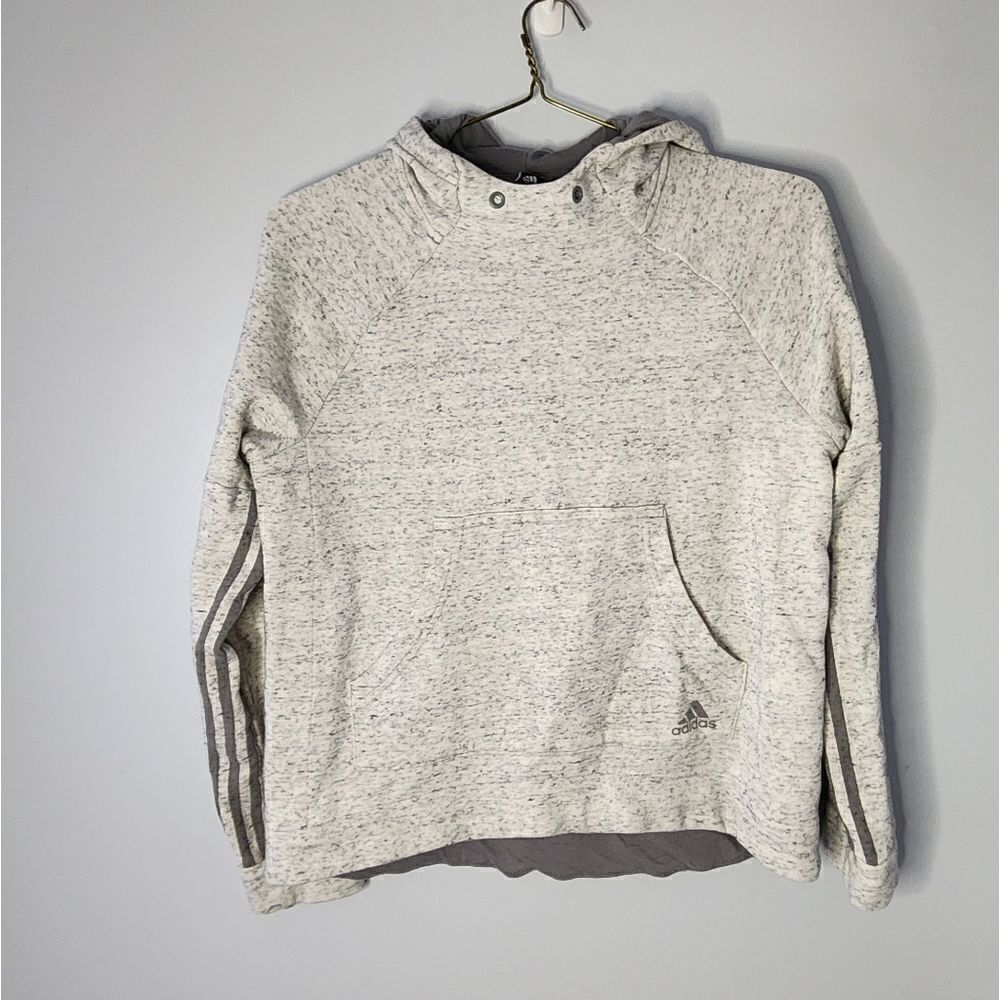 Adidas women sz M Hoodie Sweatshirt speckled gray off white stripe sleeves